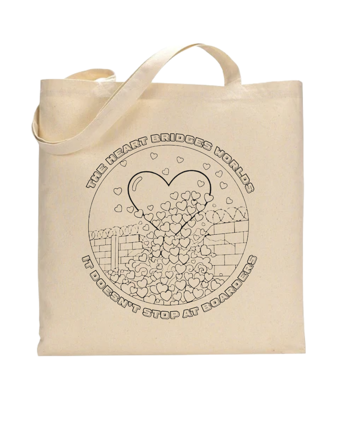 Beige tote bag with a heart design and text on a white background